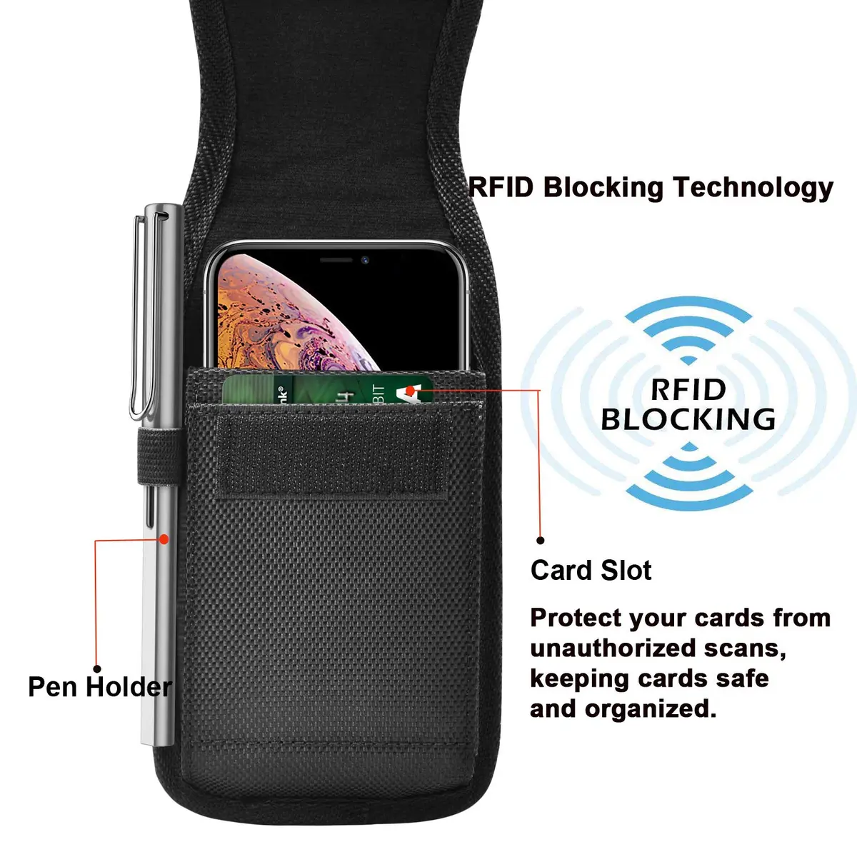 Takfox Universal Cell Phone Holster Case with Belt Clip & Carabiner for Smartphones up to 6.5" | Black Nylon - view 2