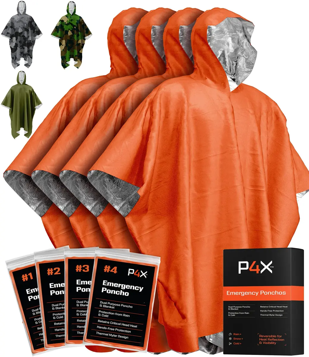PREPARED4X Emergency Mylar Poncho 4-Pack (Orange) | Survival Rain Poncho with Hood, Reusable Thermal Gear - main product image