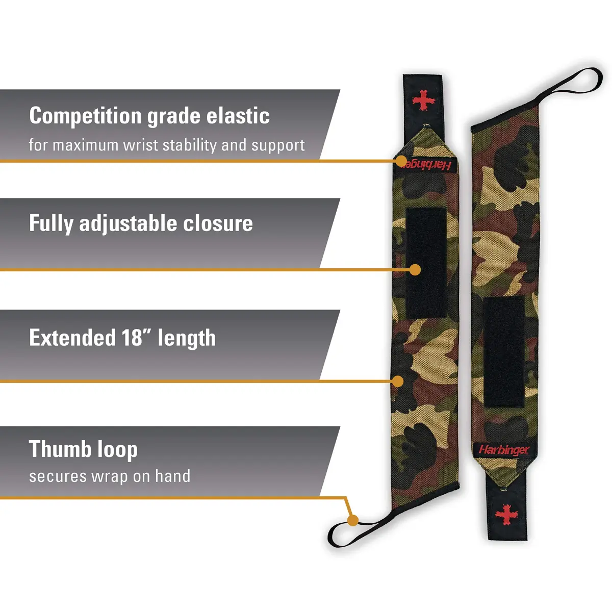 Harbinger Red Line 18-Inch Weightlifting Wrist Wraps (Pair, Camo) | Competition Grade Elastic for Maximum Stability - view 2