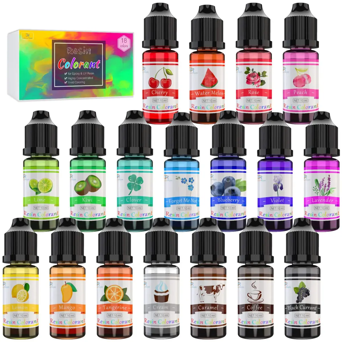DecorRom Liquid Epoxy Resin Pigment 10ml (0.35 Fl Oz) Each | 18 Assorted Colors for Art & Jewelry - main product image