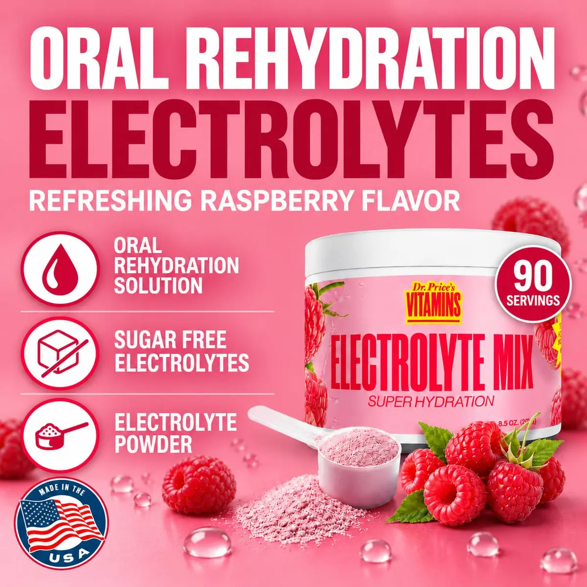 Dr. Price's Electrolytes Powder, Raspberry, 90 Servings | Sugar Free Hydration Support - view 2