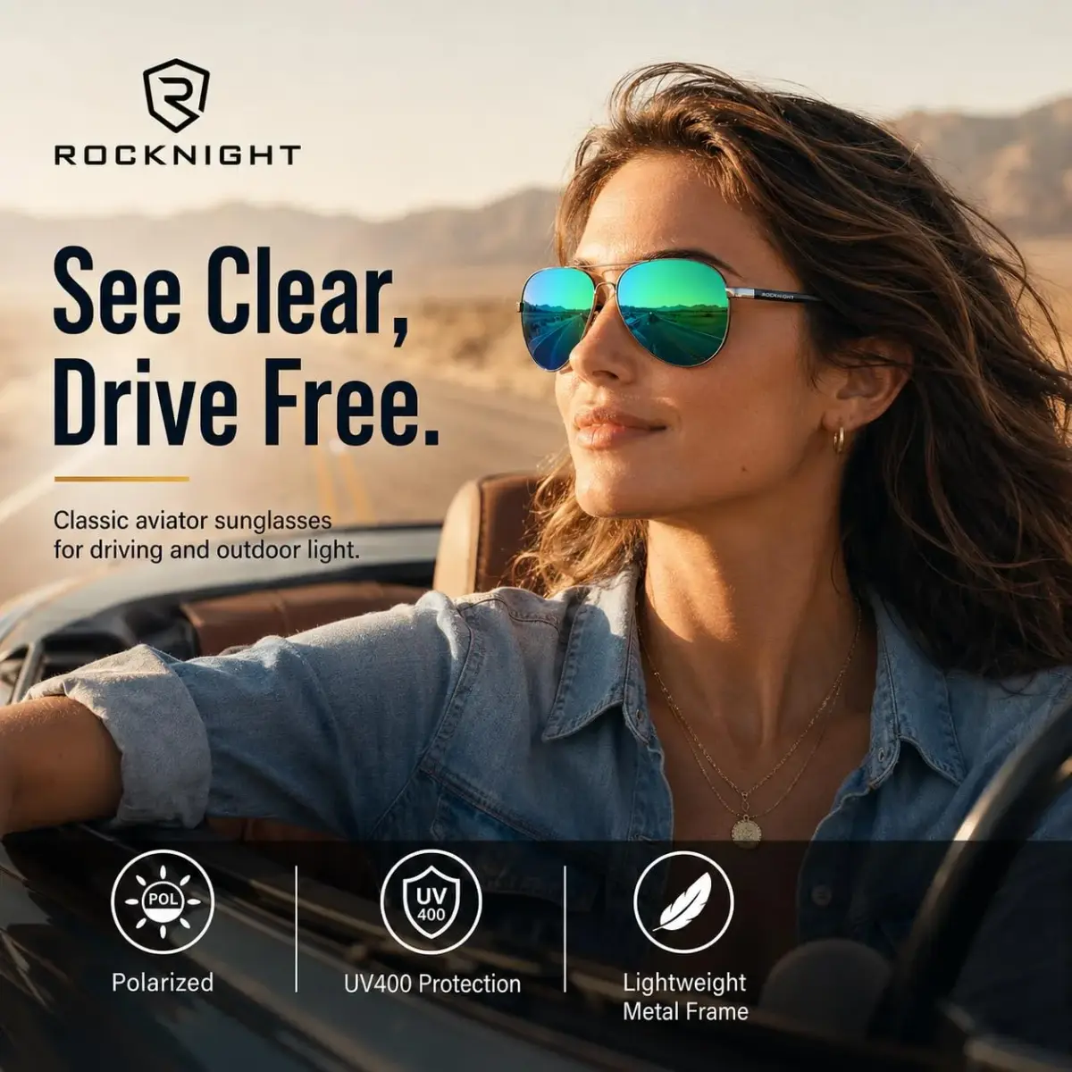 ROCKNIGHT Polarized Aviator Sunglasses Men Women UV400 Metal Frame Driving | Lightweight Metal Frame with Adjustable Nose Pads - view 2