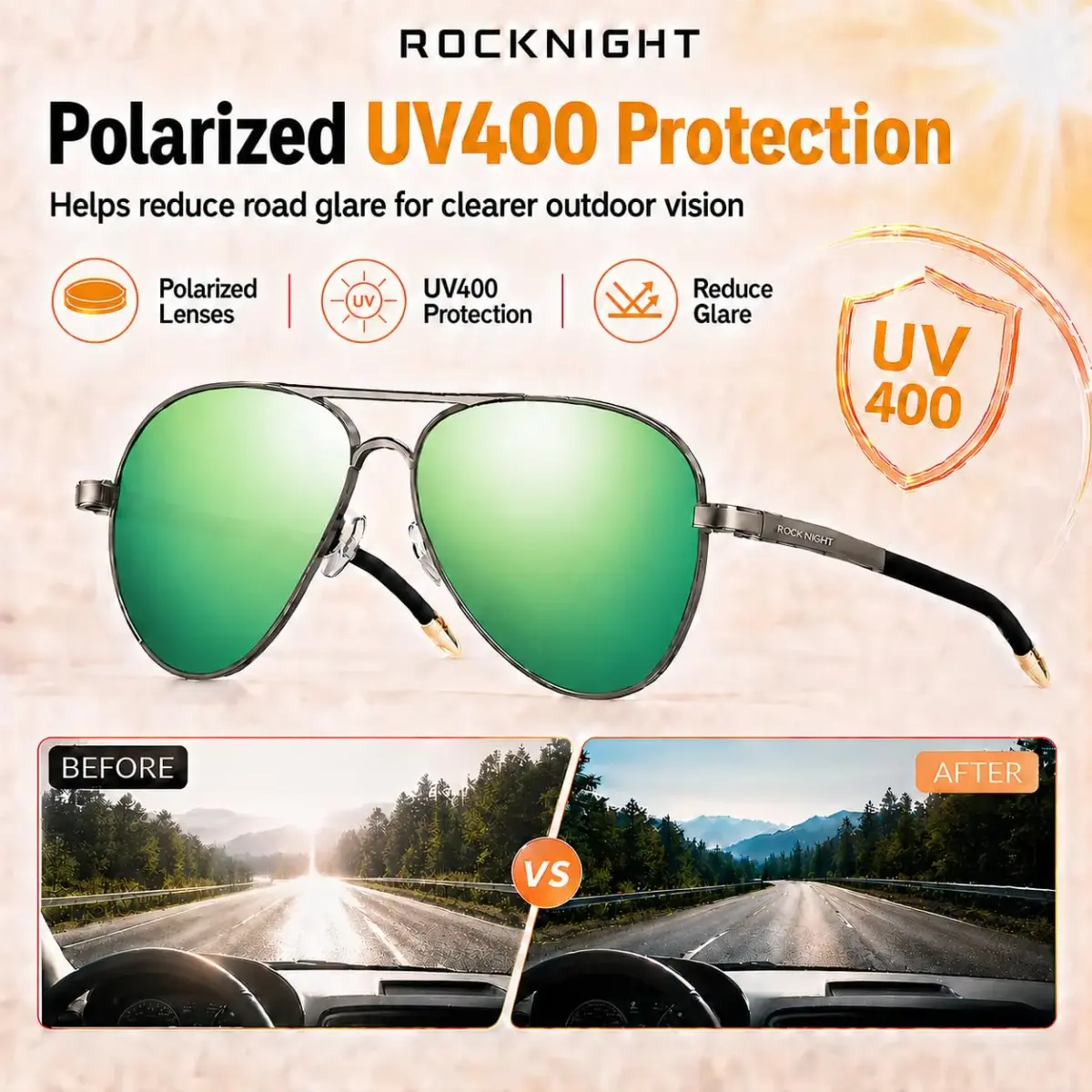 ROCKNIGHT Polarized Aviator Sunglasses Men Women UV400 Metal Frame Driving | Lightweight Metal Frame with Adjustable Nose Pads - view 3