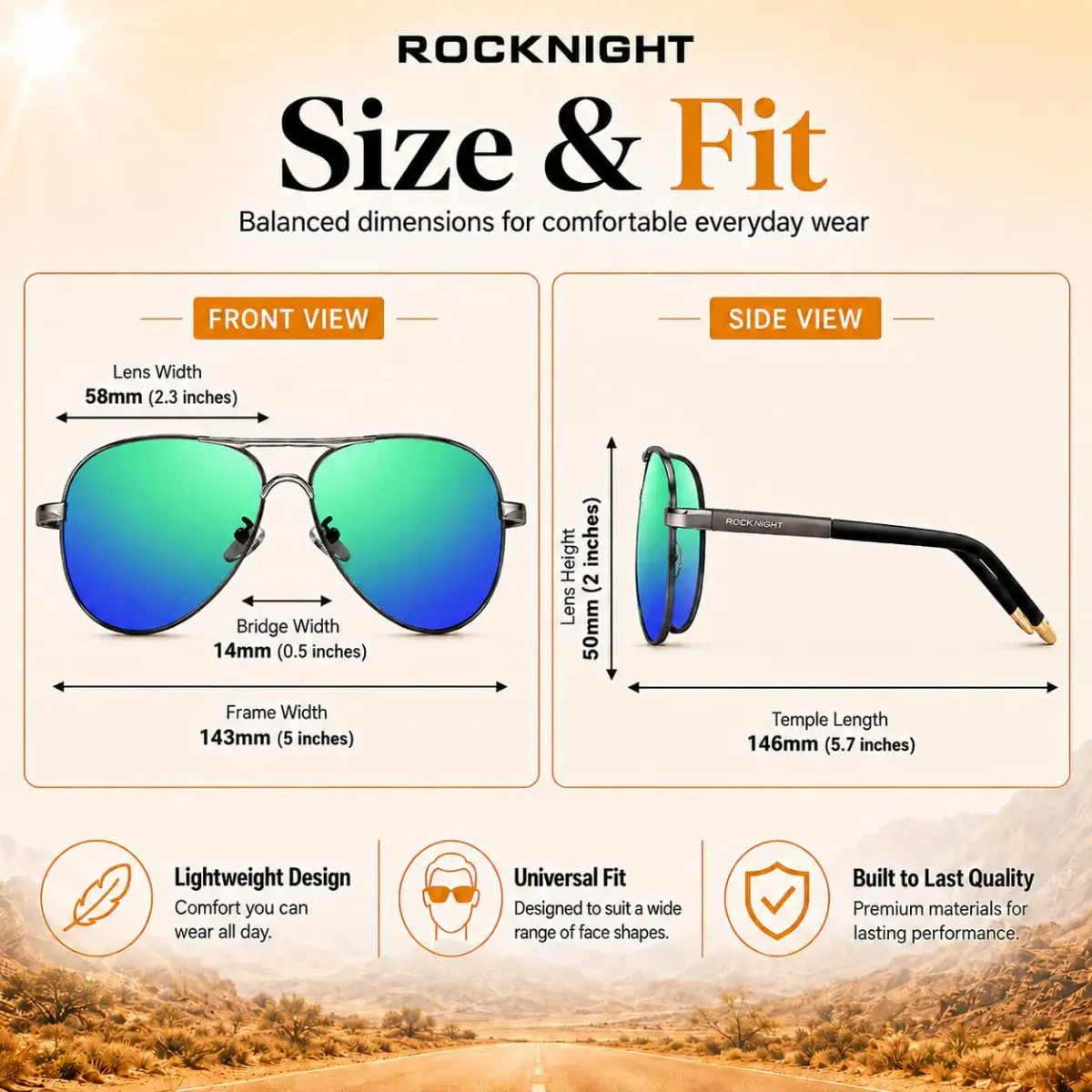 ROCKNIGHT Polarized Aviator Sunglasses Men Women UV400 Metal Frame Driving | Lightweight Metal Frame with Adjustable Nose Pads - view 4