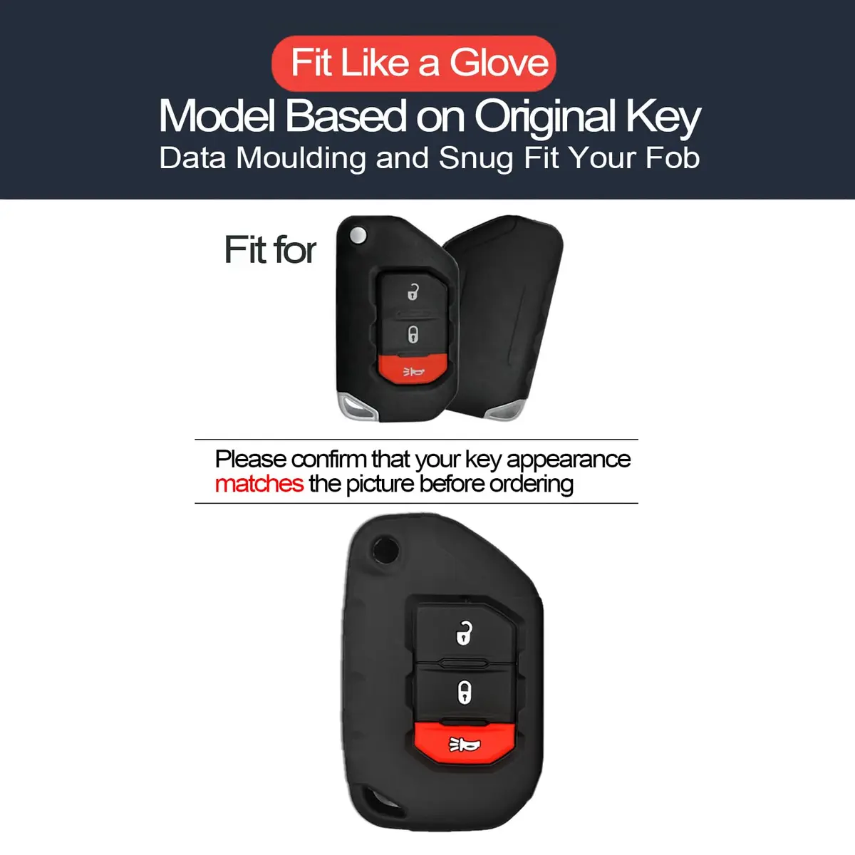 INFIPAR Black 2pcs Key Fob Cover Case with Key Ring & Band for Jeep Wrangler JL Gladiator JT Flip 3 Buttons - view 2