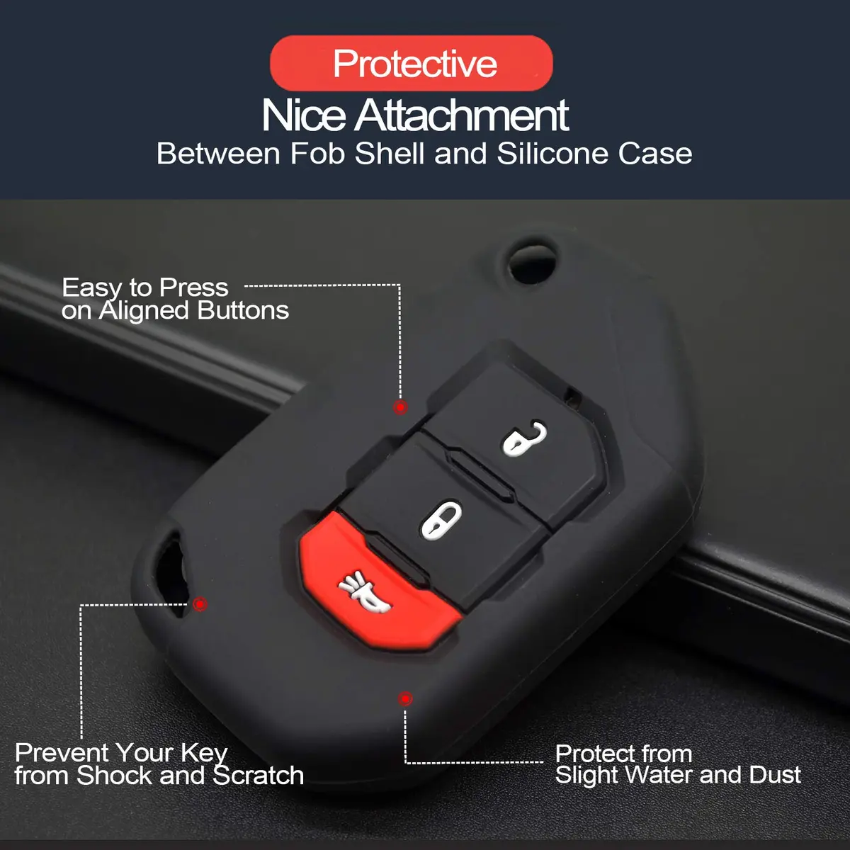 INFIPAR Black 2pcs Key Fob Cover Case with Key Ring & Band for Jeep Wrangler JL Gladiator JT Flip 3 Buttons - view 4