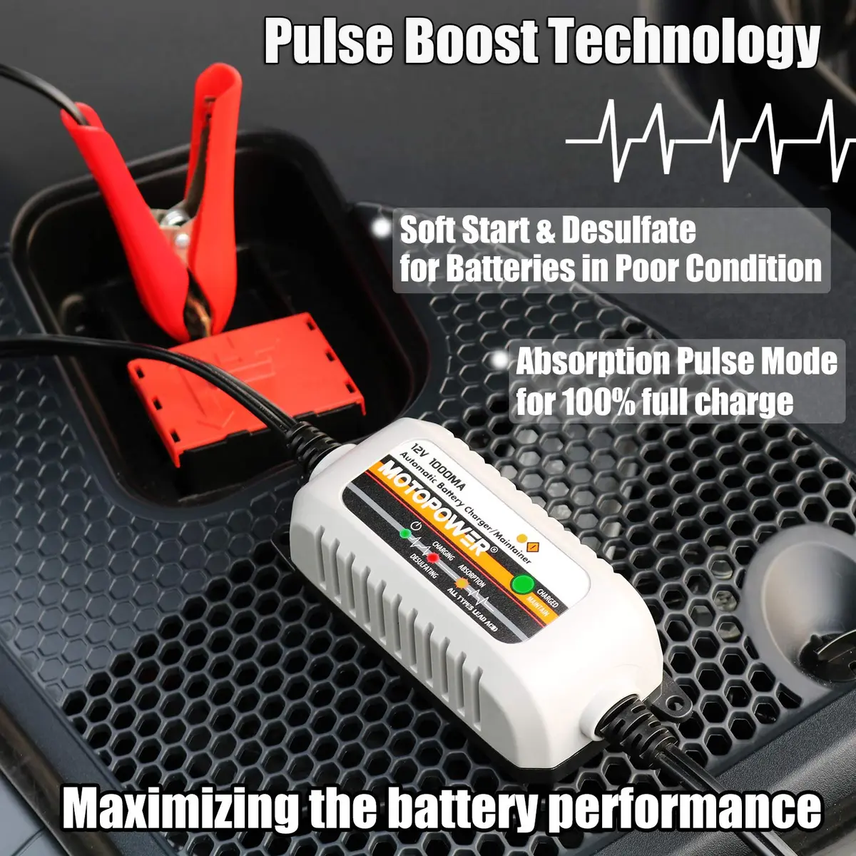 MOTOPOWER MP00205B 12V 1000mA Automatic Battery Charger & Maintainer | 12V DC, 1A Output, 350g - view 3