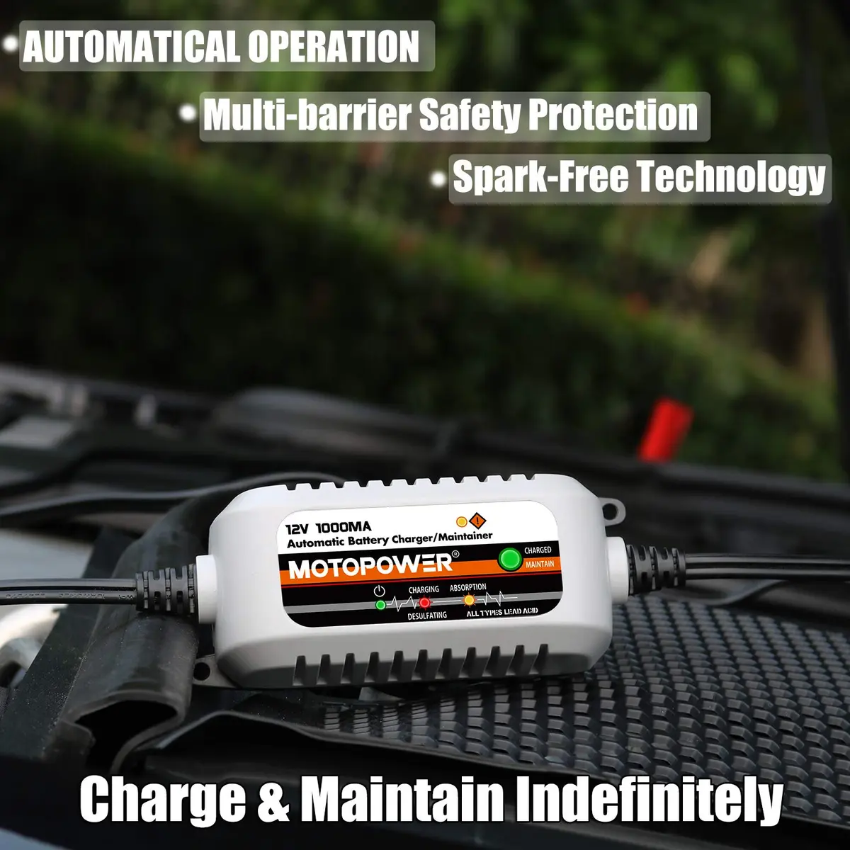 MOTOPOWER MP00205B 12V 1000mA Automatic Battery Charger & Maintainer | 12V DC, 1A Output, 350g - view 4