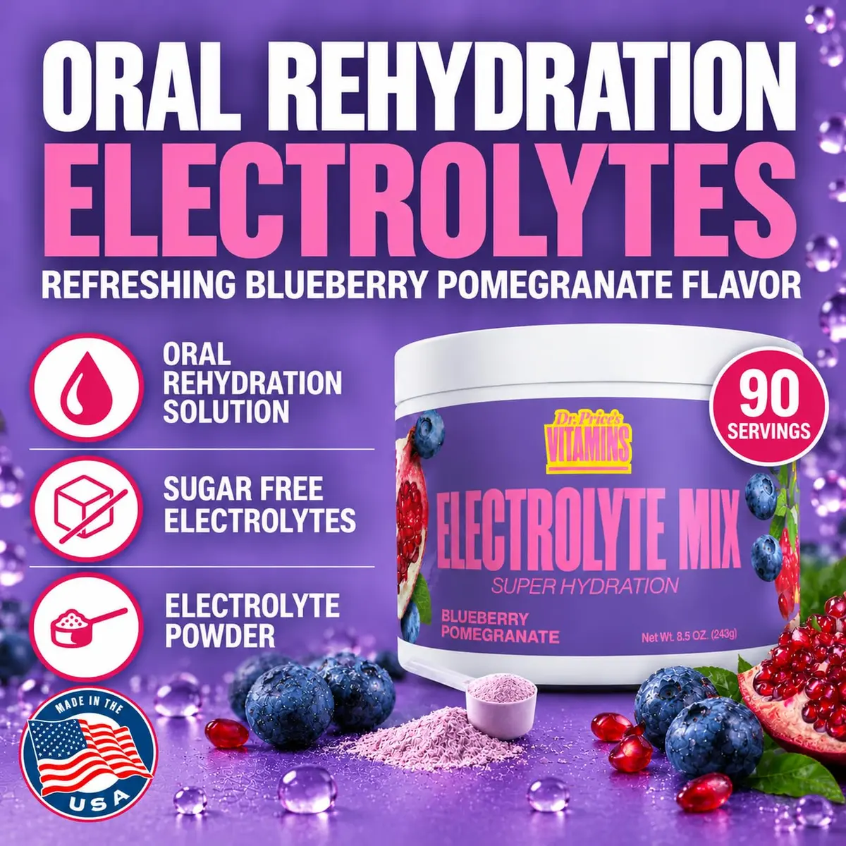 Dr. Price's Electrolytes Powder, Blueberry Pomegranate | Sugar Free Hydration Support (70-120 chars) - view 2