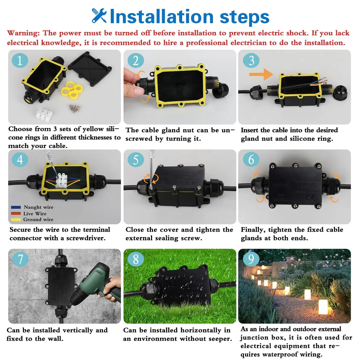 Helunsi IP68 Waterproof External Junction Box 2 Way 135mm (5.31in) Black | Connect Wires Safely Outdoors - view 6