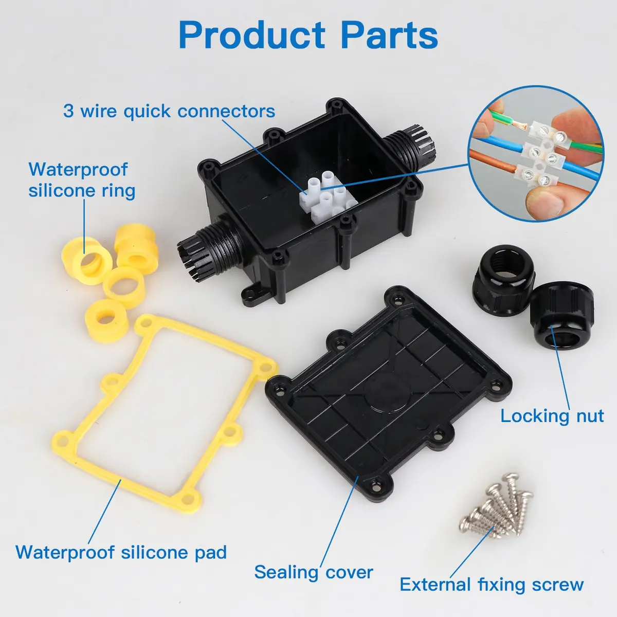 Helunsi IP68 Waterproof External Junction Box 2 Way 135mm (5.31in) Black | Connect Wires Safely Outdoors - view 9