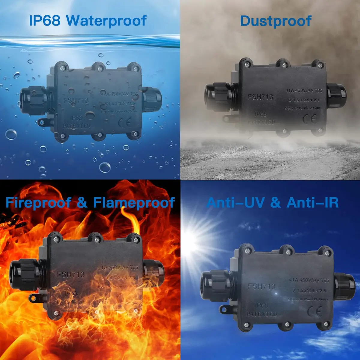 Helunsi IP68 Waterproof External Junction Box 2 Way 135mm (5.31in) Black | Connect Wires Safely Outdoors - view 2