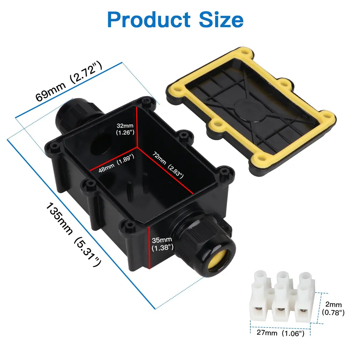 Helunsi IP68 Waterproof External Junction Box 2 Way 135mm (5.31in) Black | Connect Wires Safely Outdoors - view 3