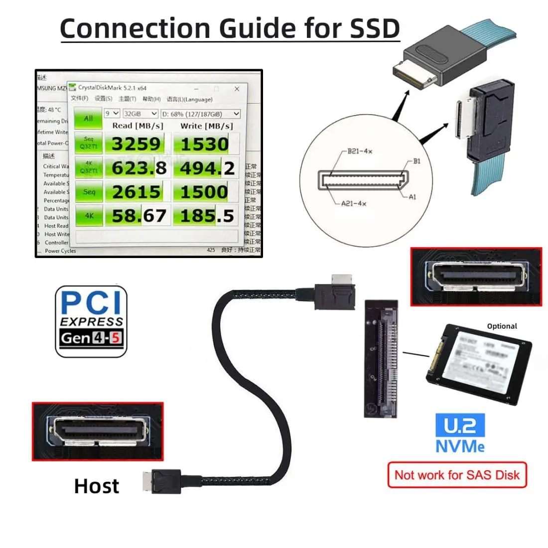 chenyang OCuLink SFF-8611 PCIe 4.0 Cable 50cm | 64Gbps Data Transfer for eGPU & SSD - view 4