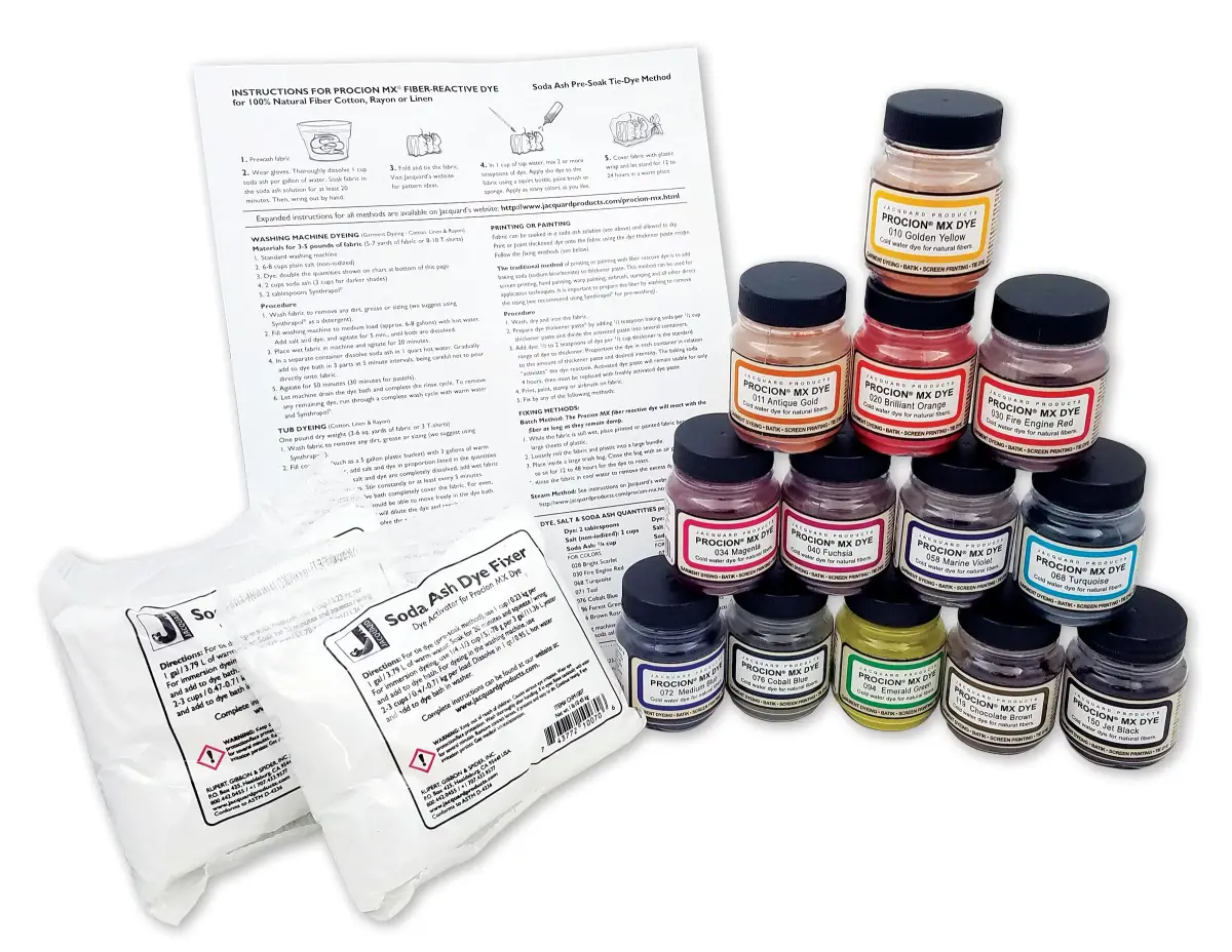 Jacquard Procion MX Dye Set 13 Colors (2/3 oz each) + 2lb Soda Ash | Fiber Reactive Cold Water Dye for Cotton, Linen, Rayon - main product image