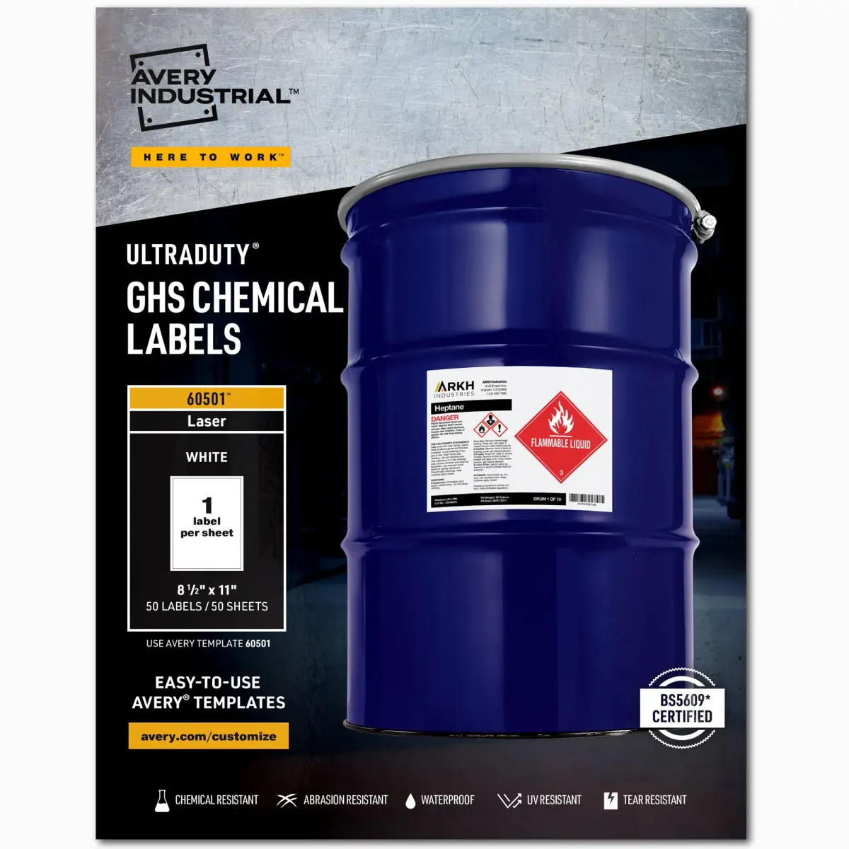 Avery UltraDuty GHS Chemical Labels 8.5 x 11 Inch, 250 Labels | Waterproof, UV Resistant, Chemical Resistant - main product image
