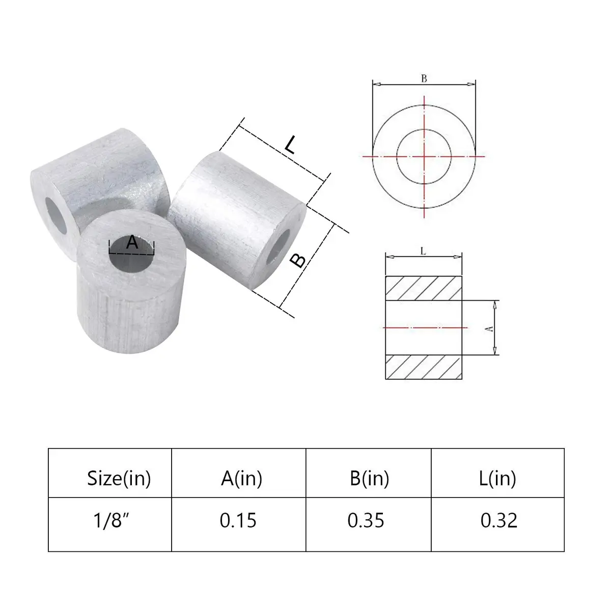 HIGOOD Wire Rope Stop Sleeve for 1/8" Wire Rope | Aluminum Alloy, PK 100 - view 2