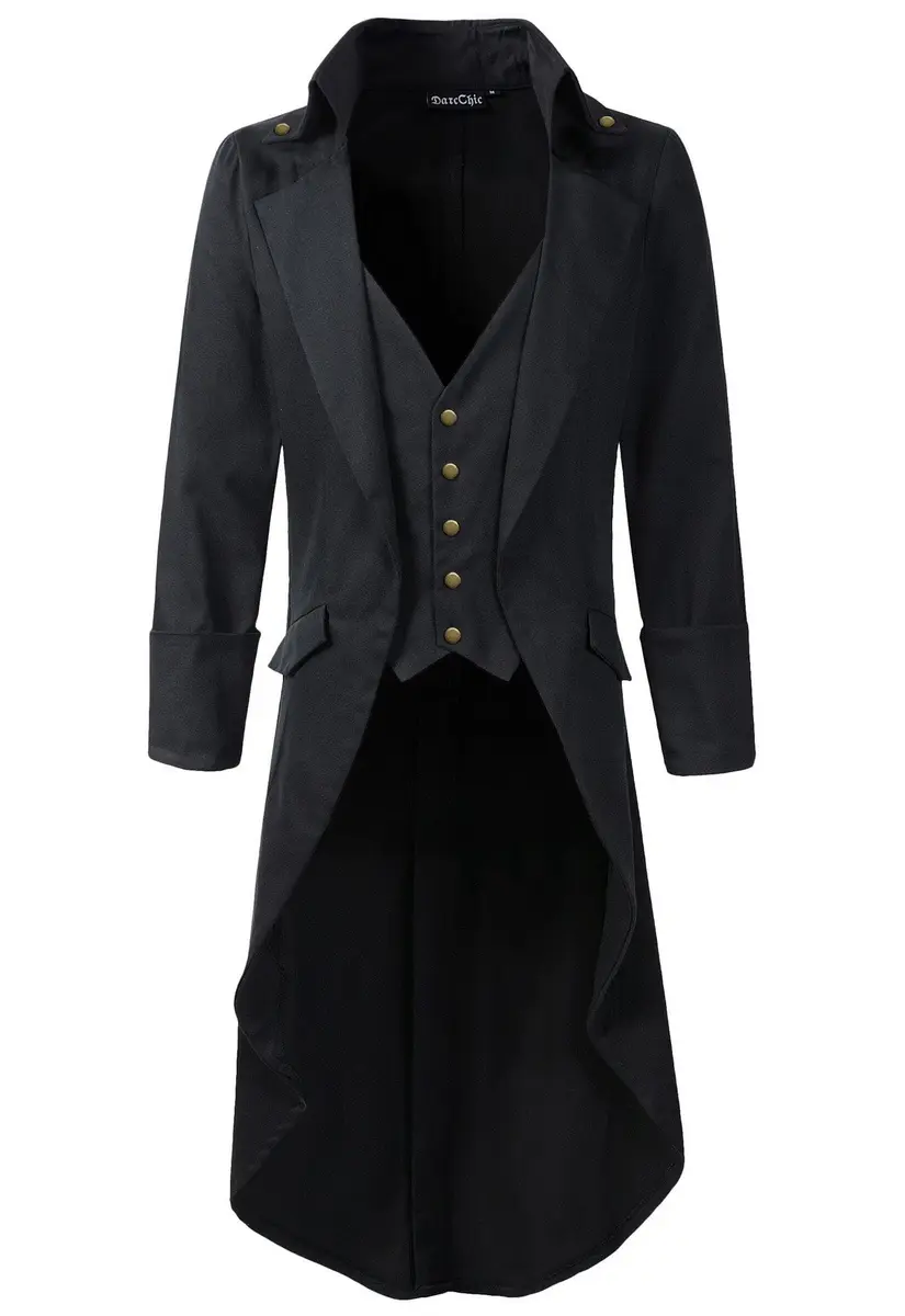 DarcChic Mens Gothic Tailcoat Jacket Black Steampunk VTG Victorian High Collar Coat (4XL, Black/brassy button) | Classic Gothic Style for Men - main product image