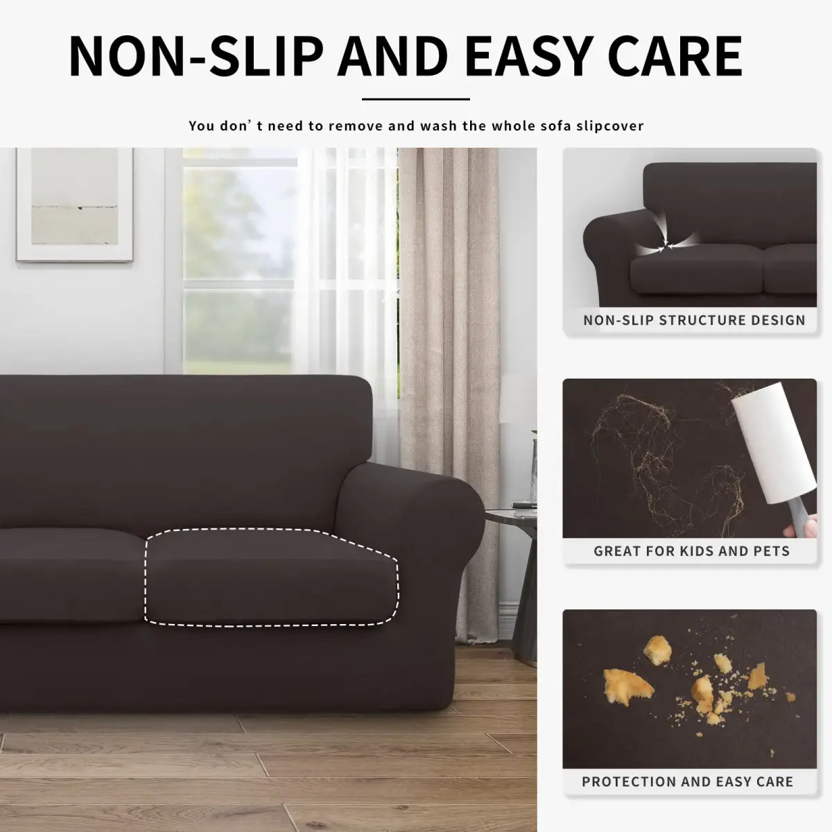 Easy-Going Waterproof 4-Piece Stretch Sofa Cover for 3 Cushions, Chocolate | Fits 60-85 inch Sofas - view 4