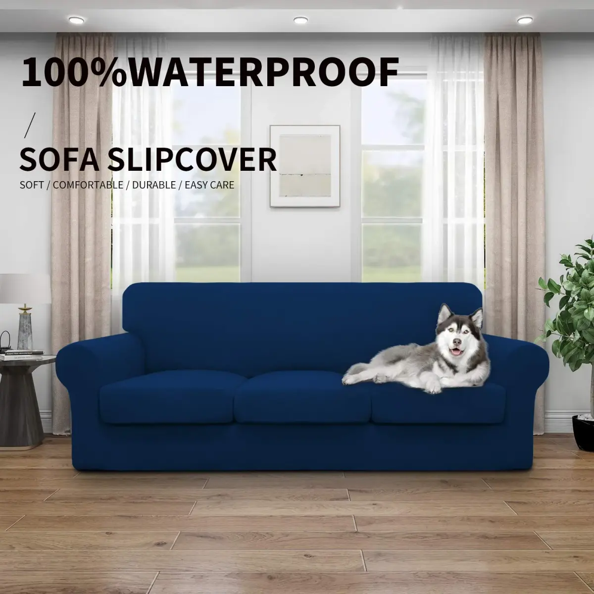 Easy-Going Waterproof Oversized Sofa Cover for 3 Cushion Sofas | 4-Piece Set, Navy, Fits 86-108 Inch - view 2