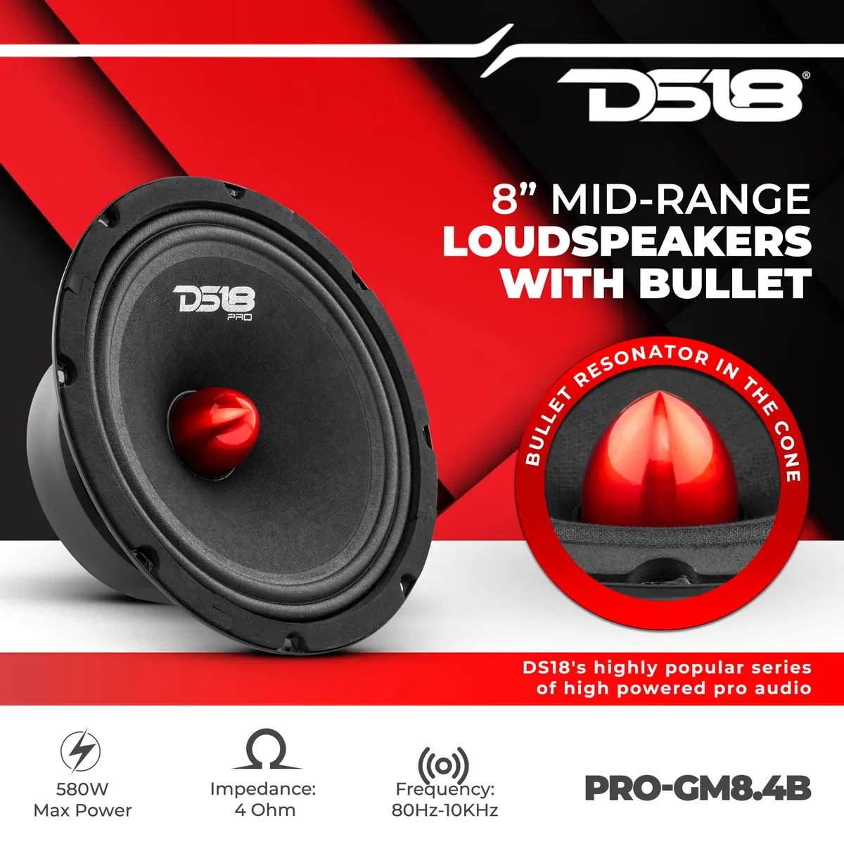 DS18 PRO-GM8.4B 8" Midrange Loudspeaker | 580W Max, 4 Ohm, Aluminum Bullet - view 2