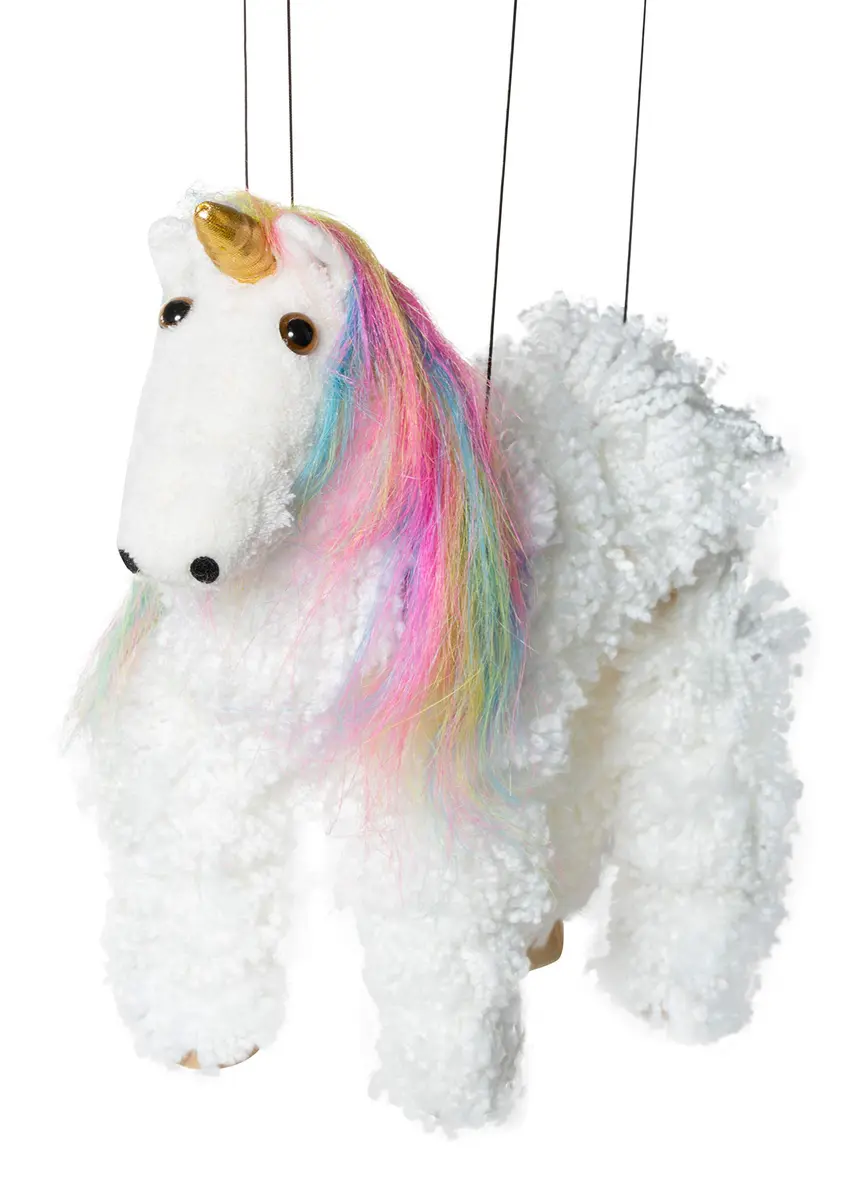 Artisan Owl Rainbow Mane Unicorn Marionette Puppet | Wooden Feet & Detachable Strings (White) - view 2