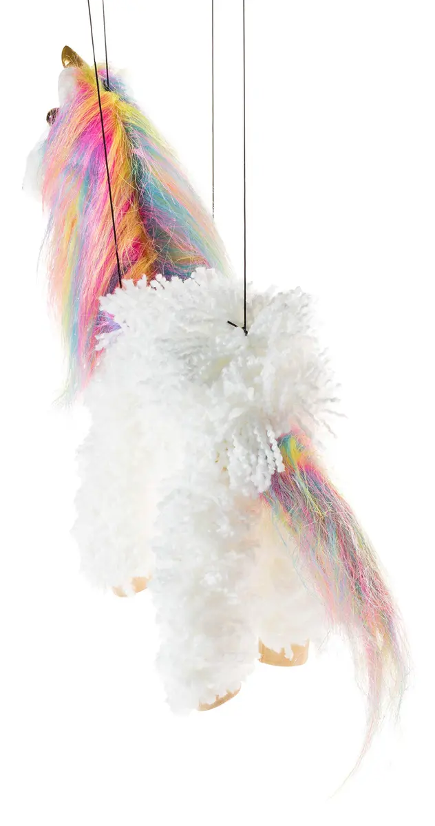 Artisan Owl Rainbow Mane Unicorn Marionette Puppet | Wooden Feet & Detachable Strings (White) - view 3