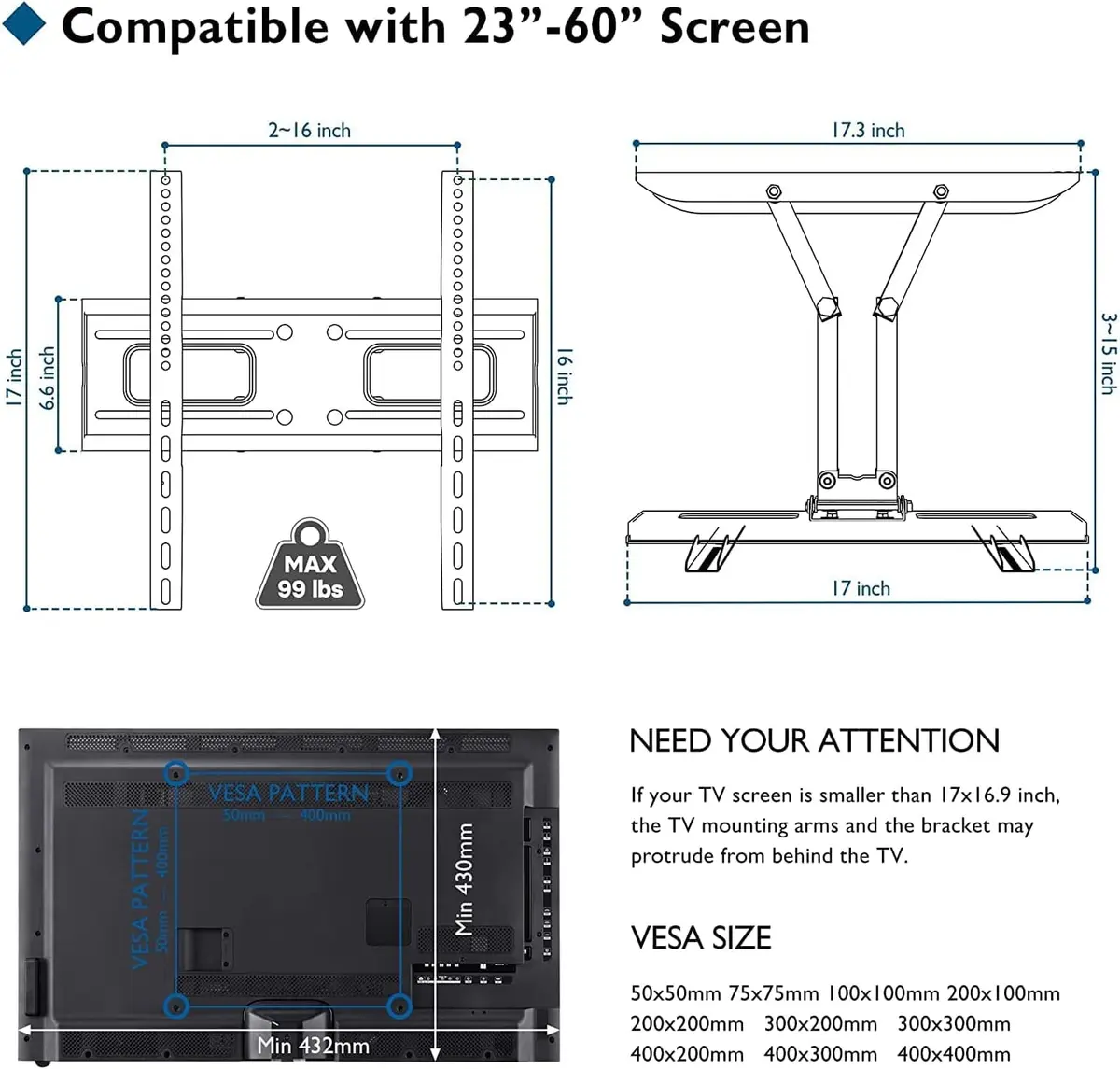 BONTEC Full Motion TV Wall Mount Bracket for 23-70 Inch TVs | Heavy Duty Dual Arm Swivel Tilt & Rotation | Fits 16" Wood Studs, Concrete, Brick Walls - view 5