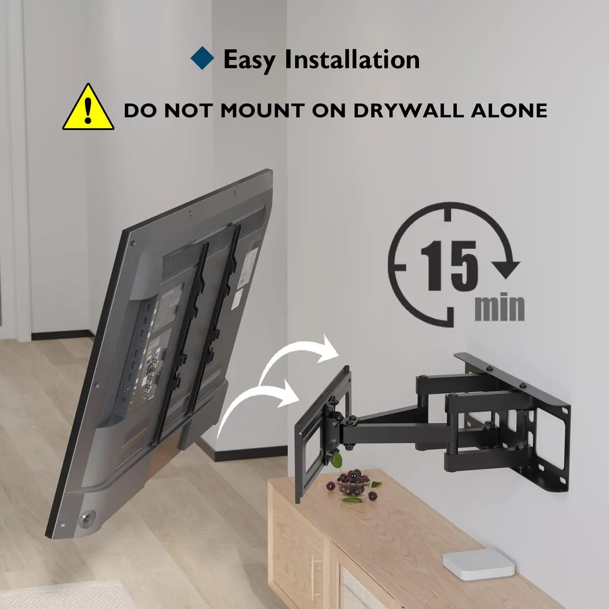 BONTEC Full Motion TV Wall Mount Bracket for 23-70 Inch TVs | Heavy Duty Dual Arm Swivel Tilt & Rotation | Fits 16" Wood Studs, Concrete, Brick Walls - view 9