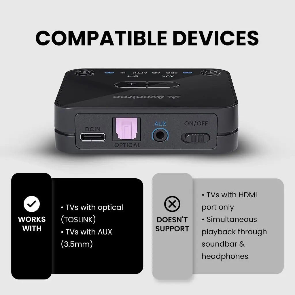 Avantree Audikast 3 Bluetooth TV Transmitter for 2 Headphones | 100ft Range, aptX-Adaptive, Optical & AUX Input - view 5