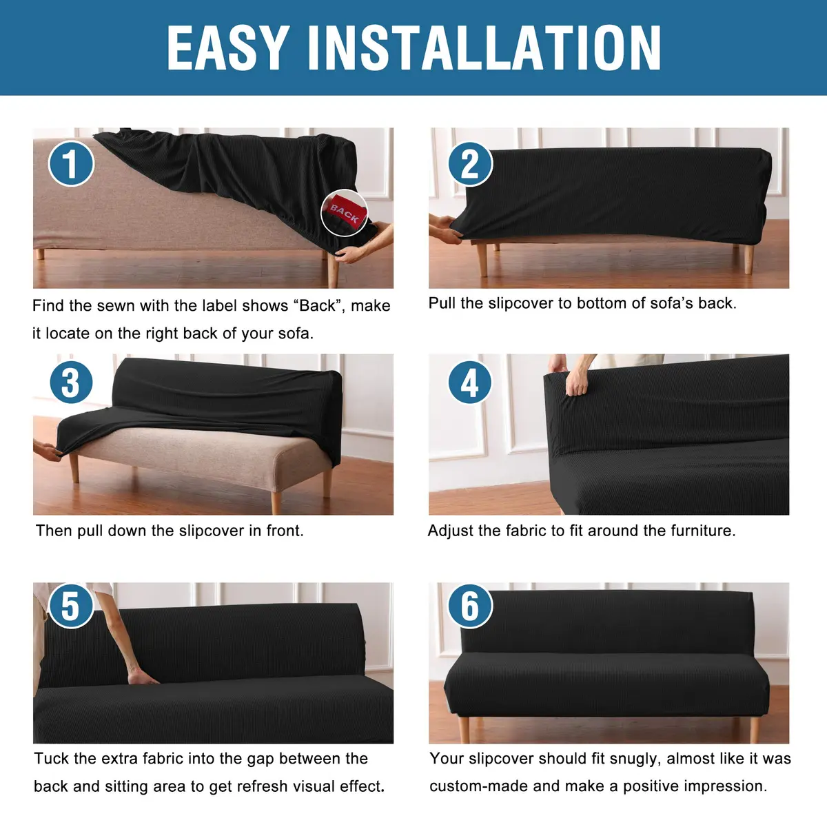 H.VERSAILTEX Armless Futon Cover Black Small Checks Jacquard Fabric 68-85 inch Width | Stretchy & Durable Sofa Protector - view 5