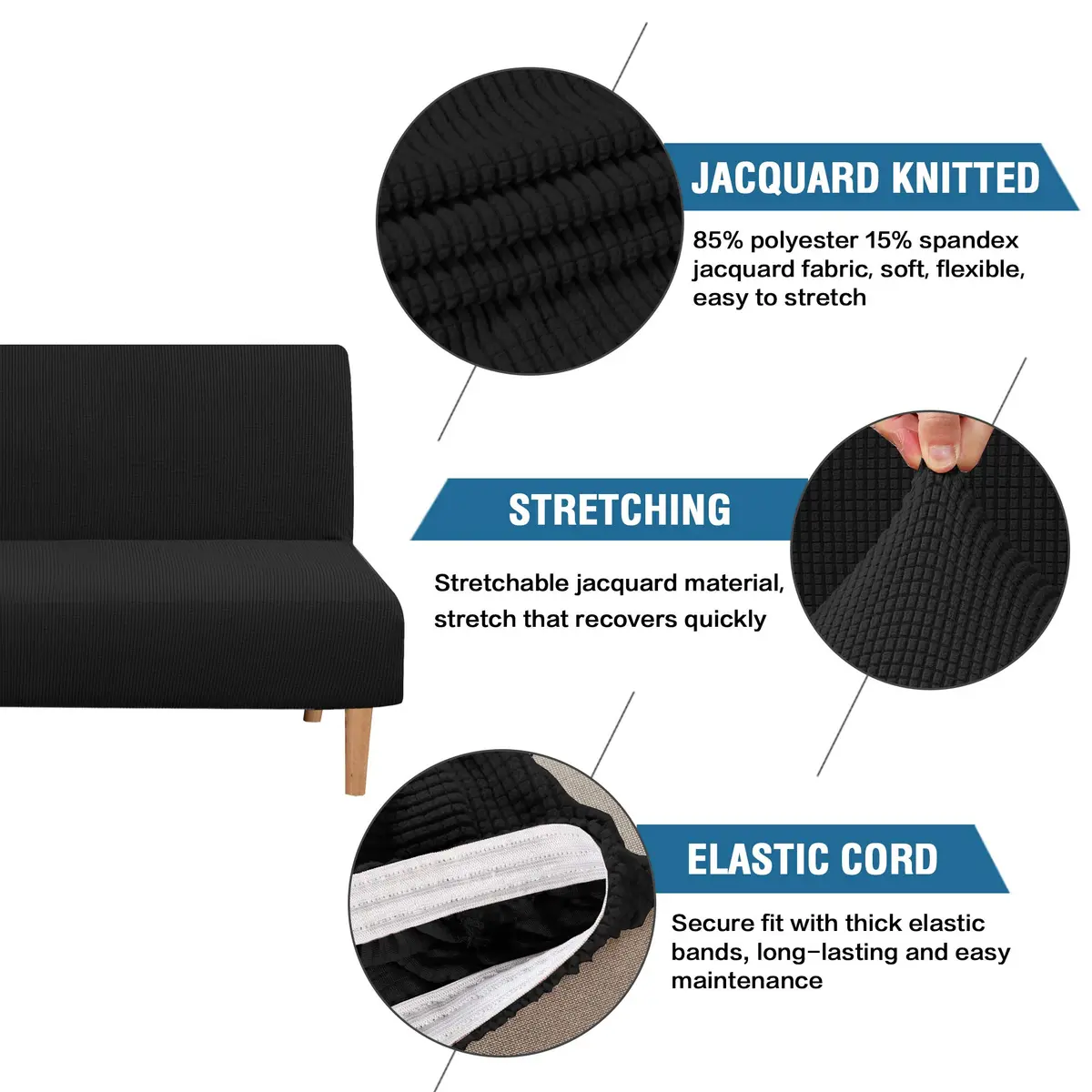 H.VERSAILTEX Armless Futon Cover Black Small Checks Jacquard Fabric 68-85 inch Width | Stretchy & Durable Sofa Protector - view 2