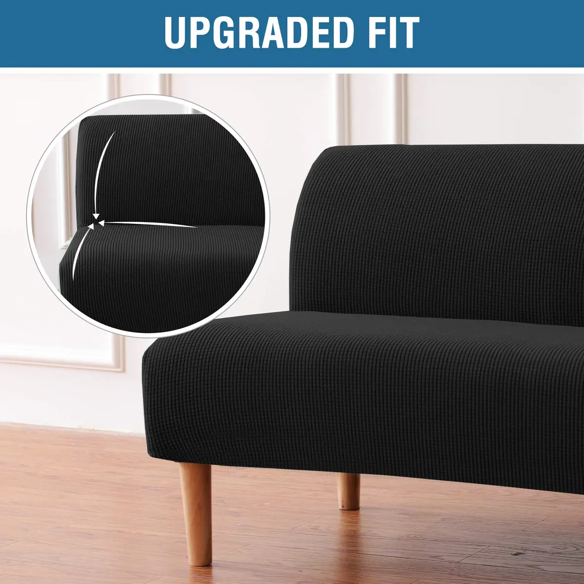 H.VERSAILTEX Armless Futon Cover Black Small Checks Jacquard Fabric 68-85 inch Width | Stretchy & Durable Sofa Protector - view 3
