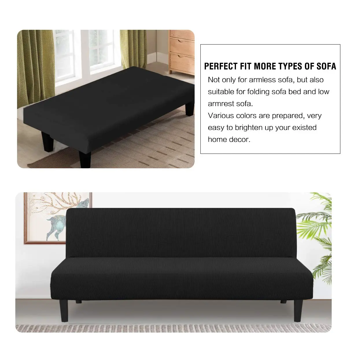 H.VERSAILTEX Armless Futon Cover Black Small Checks Jacquard Fabric 68-85 inch Width | Stretchy & Durable Sofa Protector - view 4