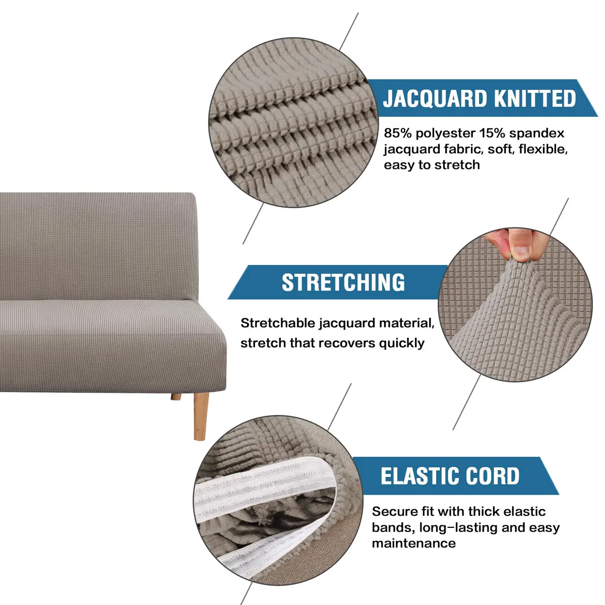 H.VERSAILTEX Armless Futon Cover Taupe Small Checks Jacquard Fabric 68-85 inch Width | Stretchable Sofa Bed Protector for Indian Homes - view 2