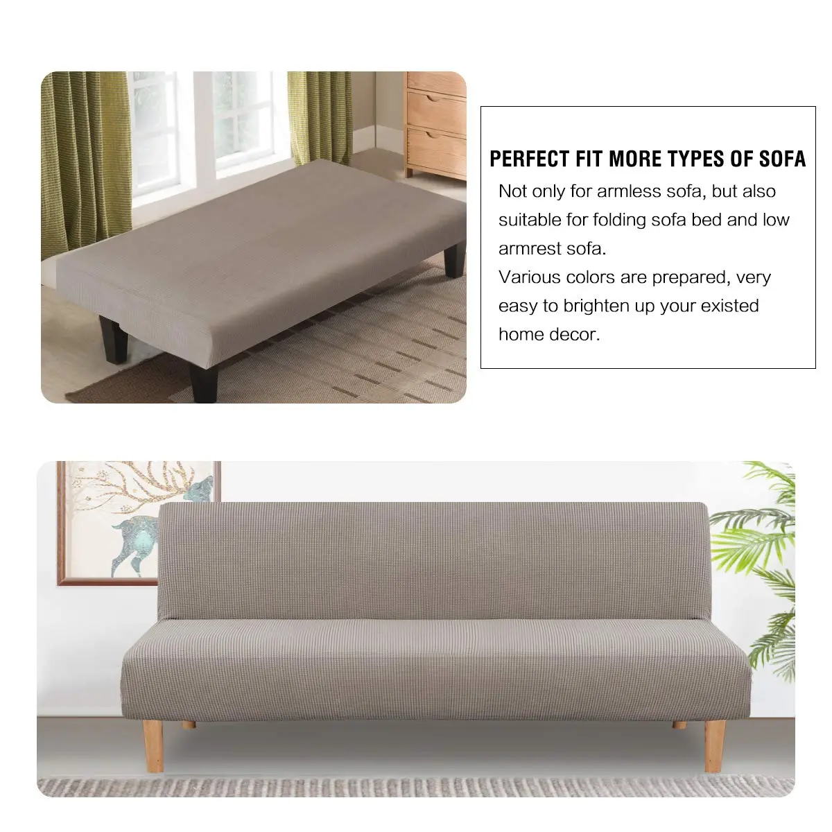 H.VERSAILTEX Armless Futon Cover Taupe Small Checks Jacquard Fabric 68-85 inch Width | Stretchable Sofa Bed Protector for Indian Homes - view 4