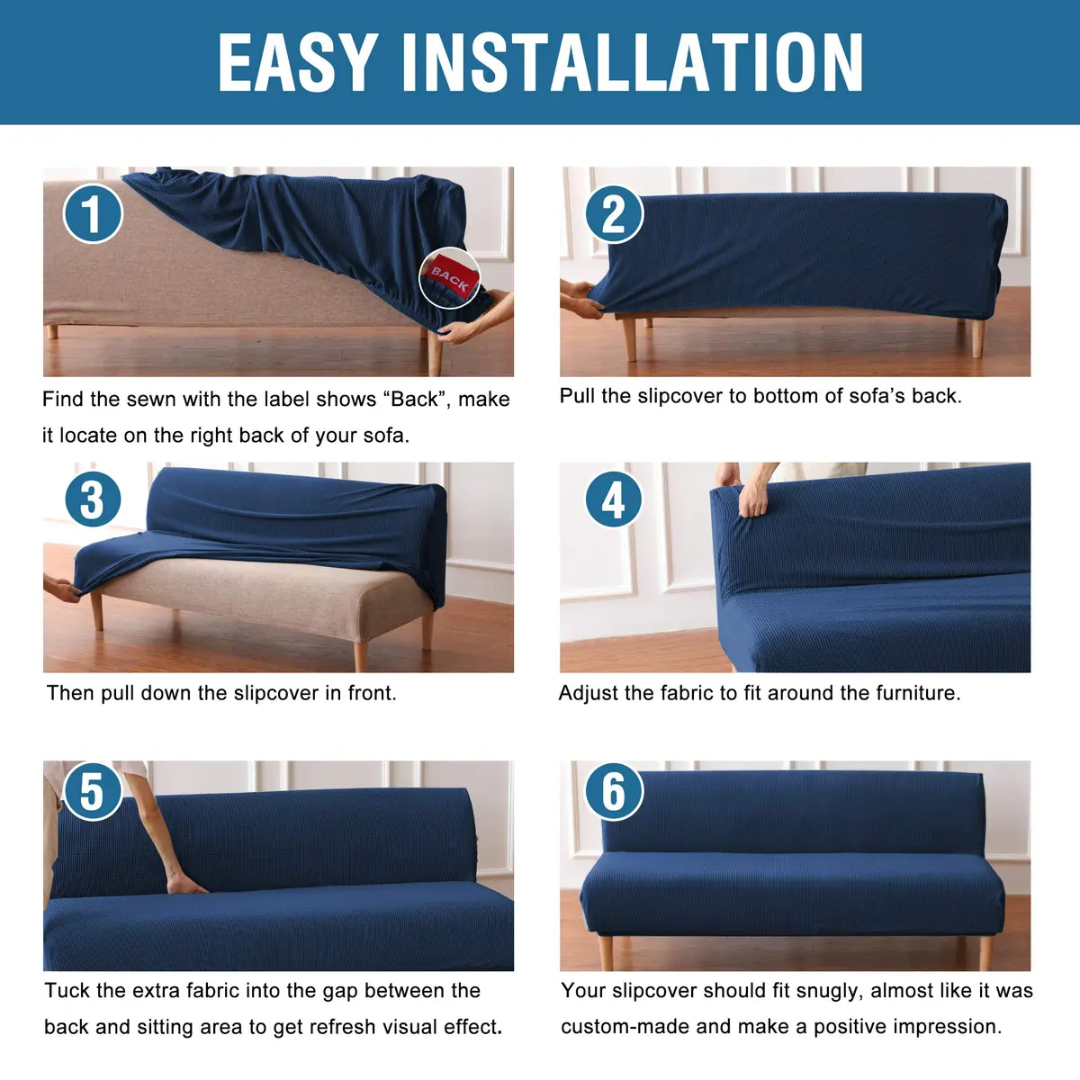 H.VERSAILTEX Armless Futon Cover Stretch Sofa Bed Slipcover Navy | Elastic Jacquard Fabric, Machine Washable - view 5
