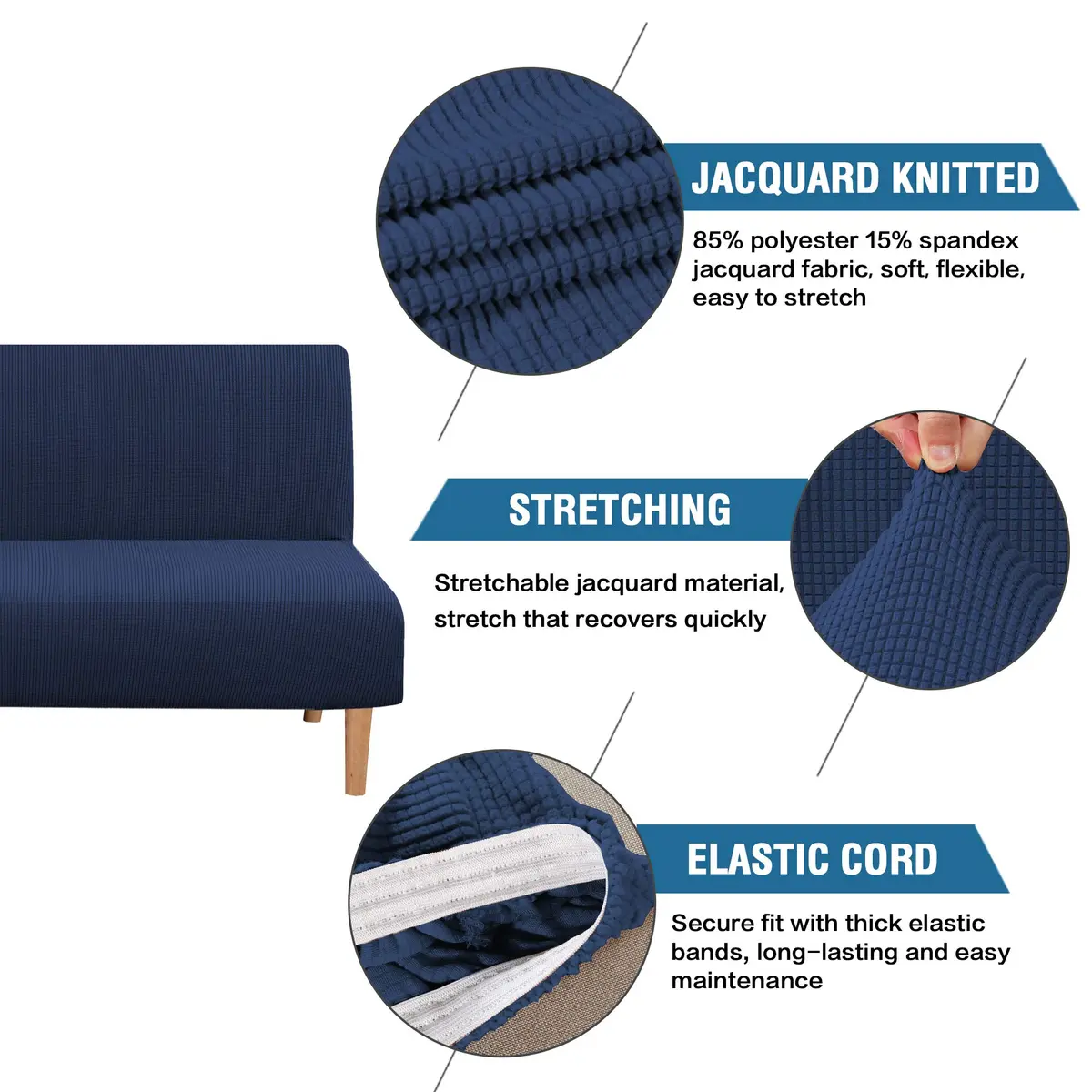 H.VERSAILTEX Armless Futon Cover Stretch Sofa Bed Slipcover Navy | Elastic Jacquard Fabric, Machine Washable - view 2