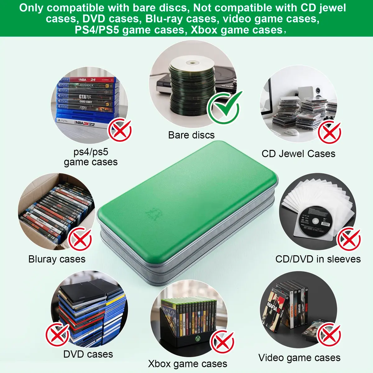 alavisxf xx CD Case, 96 Capacity Hard Plastic Organizer Wallet with Hand Strap and Zipper Closure, Green - view 2
