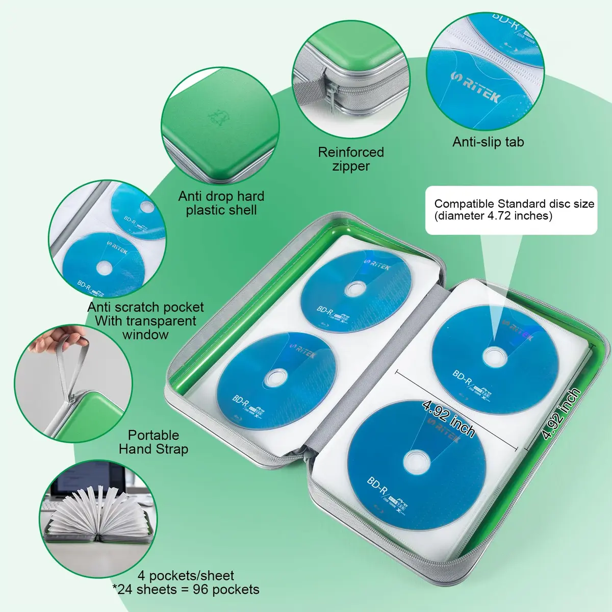 alavisxf xx CD Case, 96 Capacity Hard Plastic Organizer Wallet with Hand Strap and Zipper Closure, Green - view 3