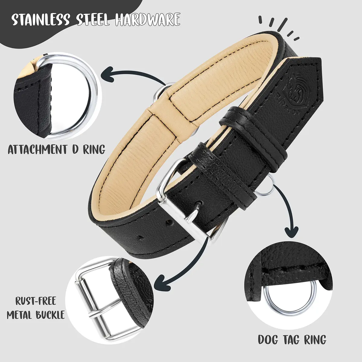 Riparo Leather Dog Collar - Heavy Duty Wide Collar for Small, Medium, Large & XL Dogs | Stylish & Durable - view 4