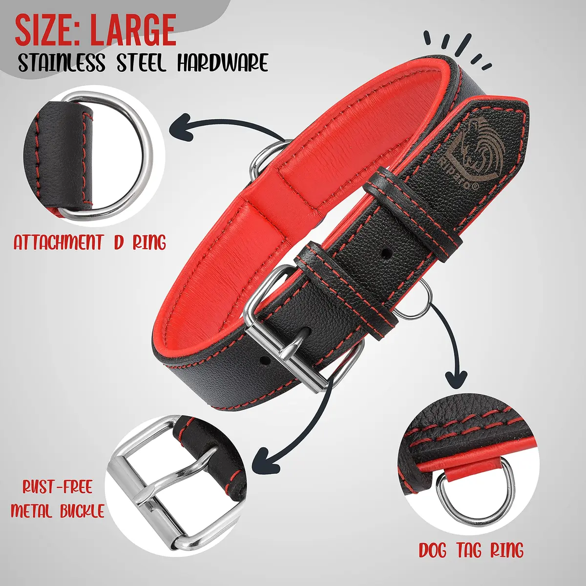 Riparo Adjustable Leather Dog Collar - Heavy Duty Wide Collar for Large Dogs (XL: 1.75" Wide for 21”-25” Neck) - view 3