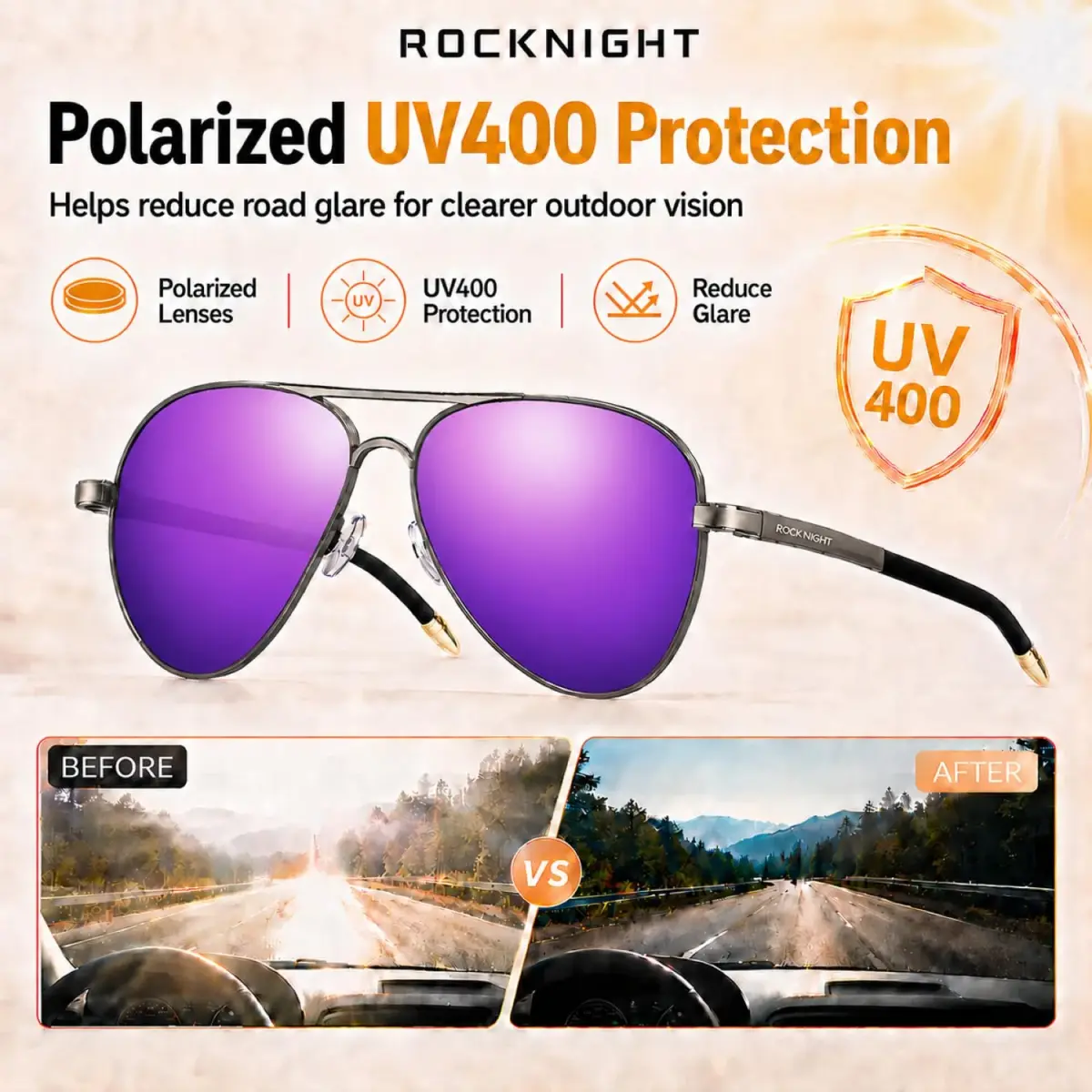 ROCKNIGHT Polarized Aviator Sunglasses Men Women UV400 Metal Frame Purple Mirror | 58mm Lens Width - view 3