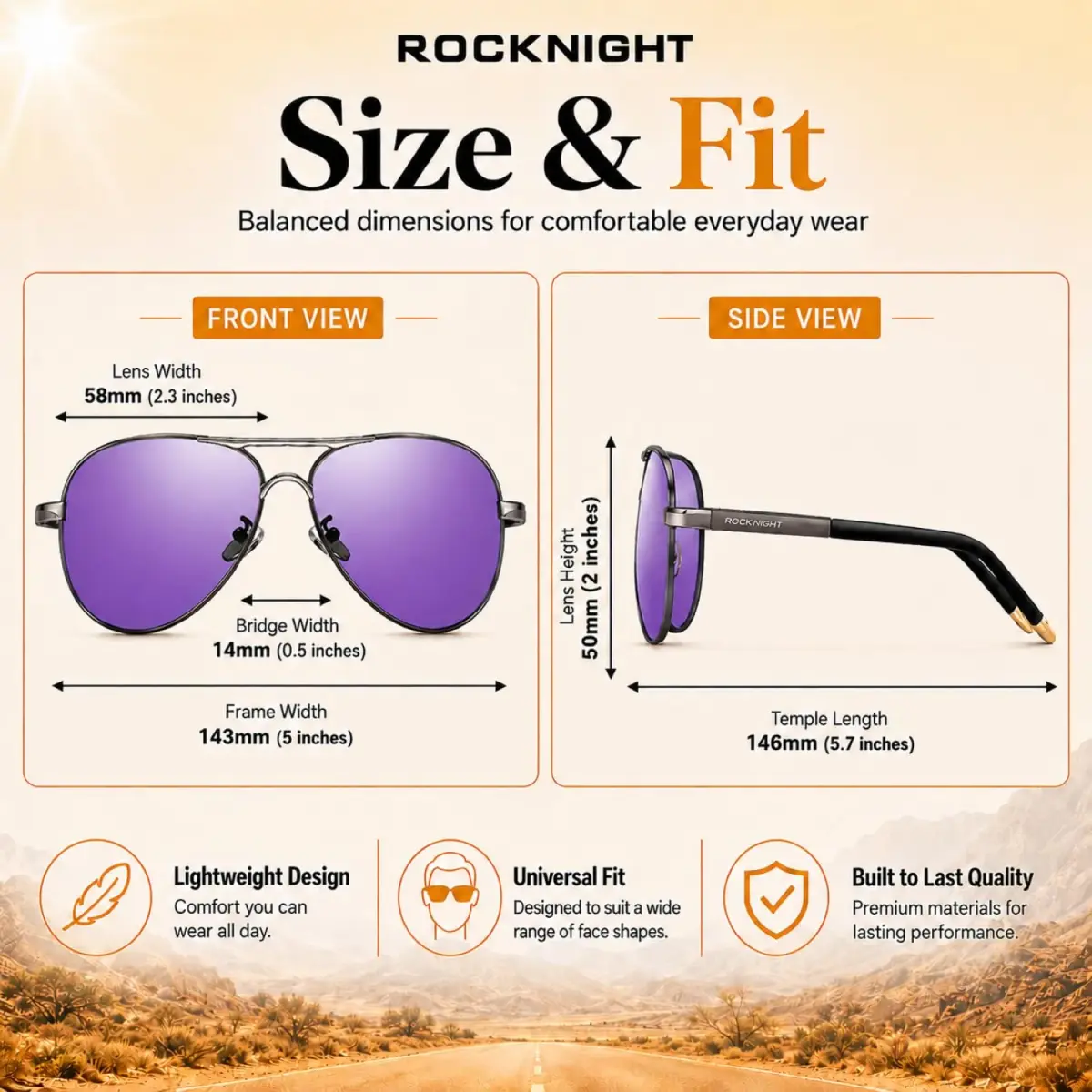 ROCKNIGHT Polarized Aviator Sunglasses Men Women UV400 Metal Frame Purple Mirror | 58mm Lens Width - view 4