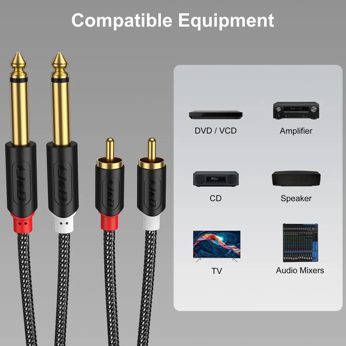J&D Gold Plated Dual 1/4" TS to RCA Cable - 4.57m (15 Feet) Stereo Audio Interconnect with Nylon Braid | Connects Mixers, Amplifiers to RCA Devices - view 3