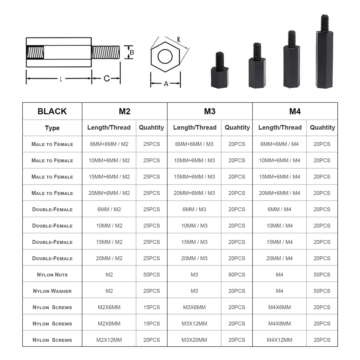 LitOrange M3 Male Female Nylon Hex Spacer Standoff Screw Nut Threaded Pillar PCB Motherboard Assortment Kit (Black) - 320 Pieces - view 6