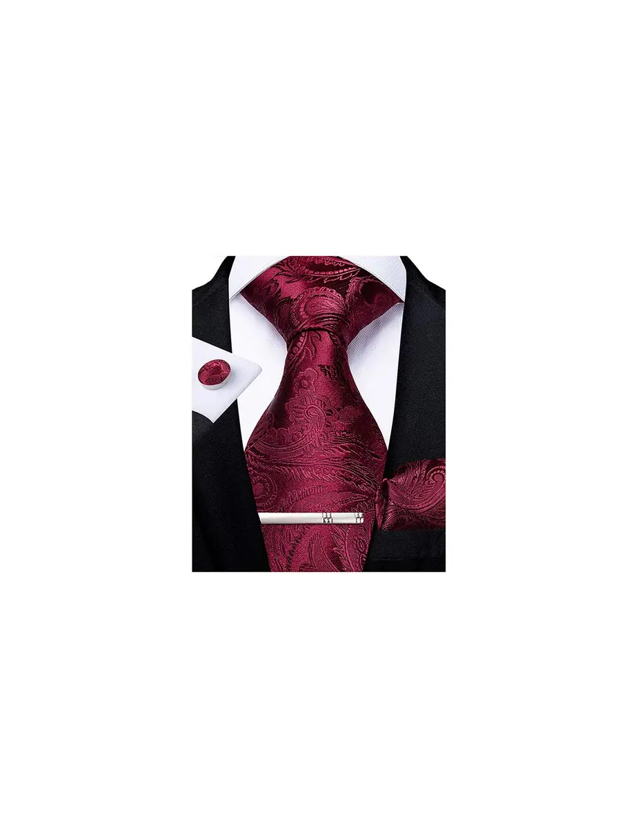 DiBanGu Paisley Silk Necktie and Pocket Square Set for Men | Burgundy, 150cm (59") x 8.1cm (3.15") - main product image