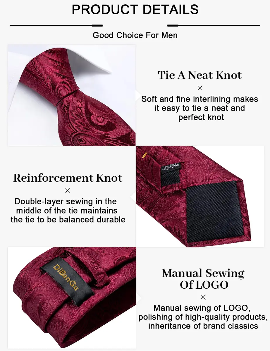 DiBanGu Paisley Silk Necktie and Pocket Square Set for Men | Burgundy, 150cm (59") x 8.1cm (3.15") - view 5