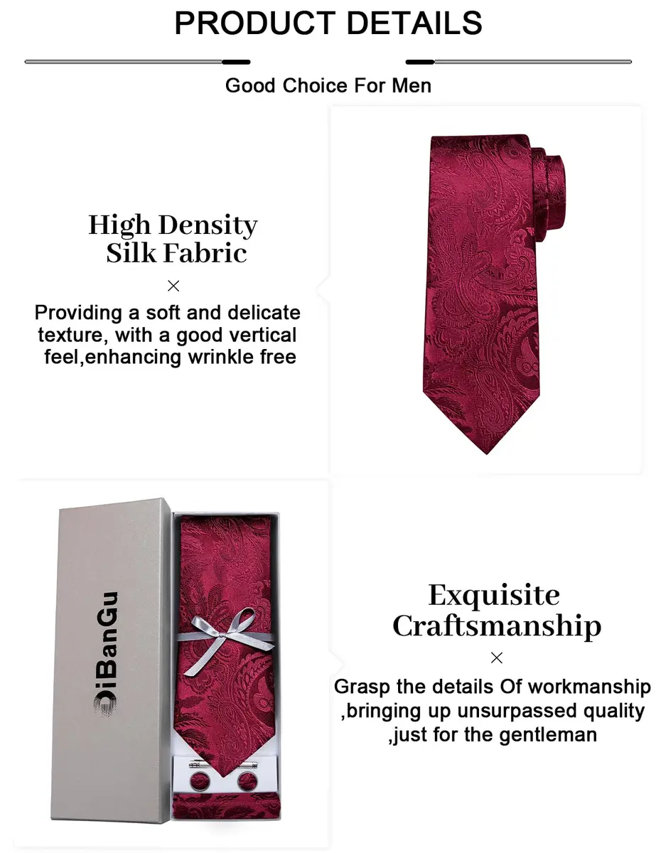DiBanGu Paisley Silk Necktie and Pocket Square Set for Men | Burgundy, 150cm (59") x 8.1cm (3.15") - view 6