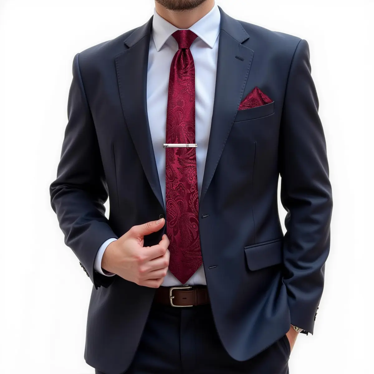 DiBanGu Paisley Silk Necktie and Pocket Square Set for Men | Burgundy, 150cm (59") x 8.1cm (3.15") - view 2